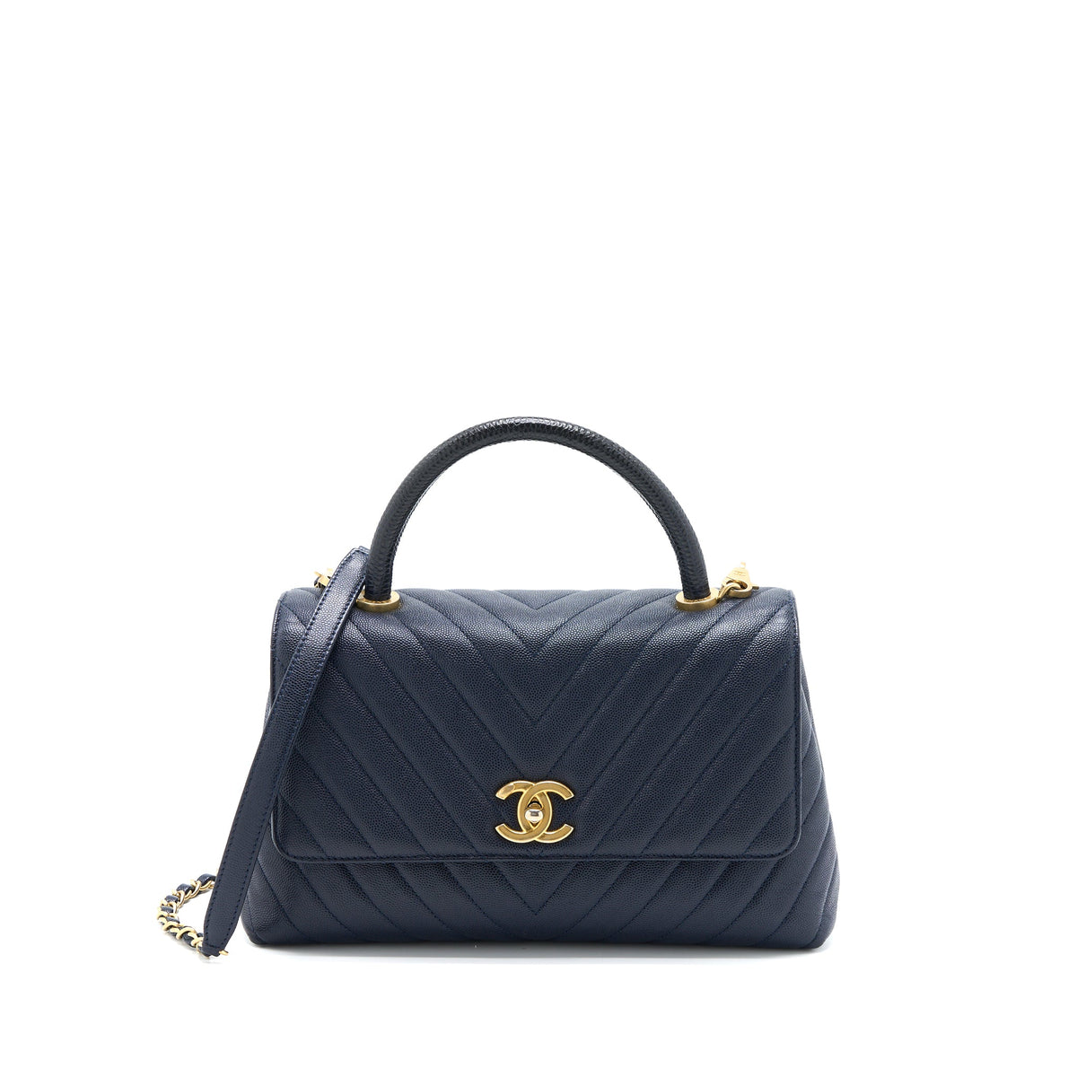 Chanel Medium Chevron Coco Handle Bag Caviar with Lizard Handle Navy Brushed GHW
