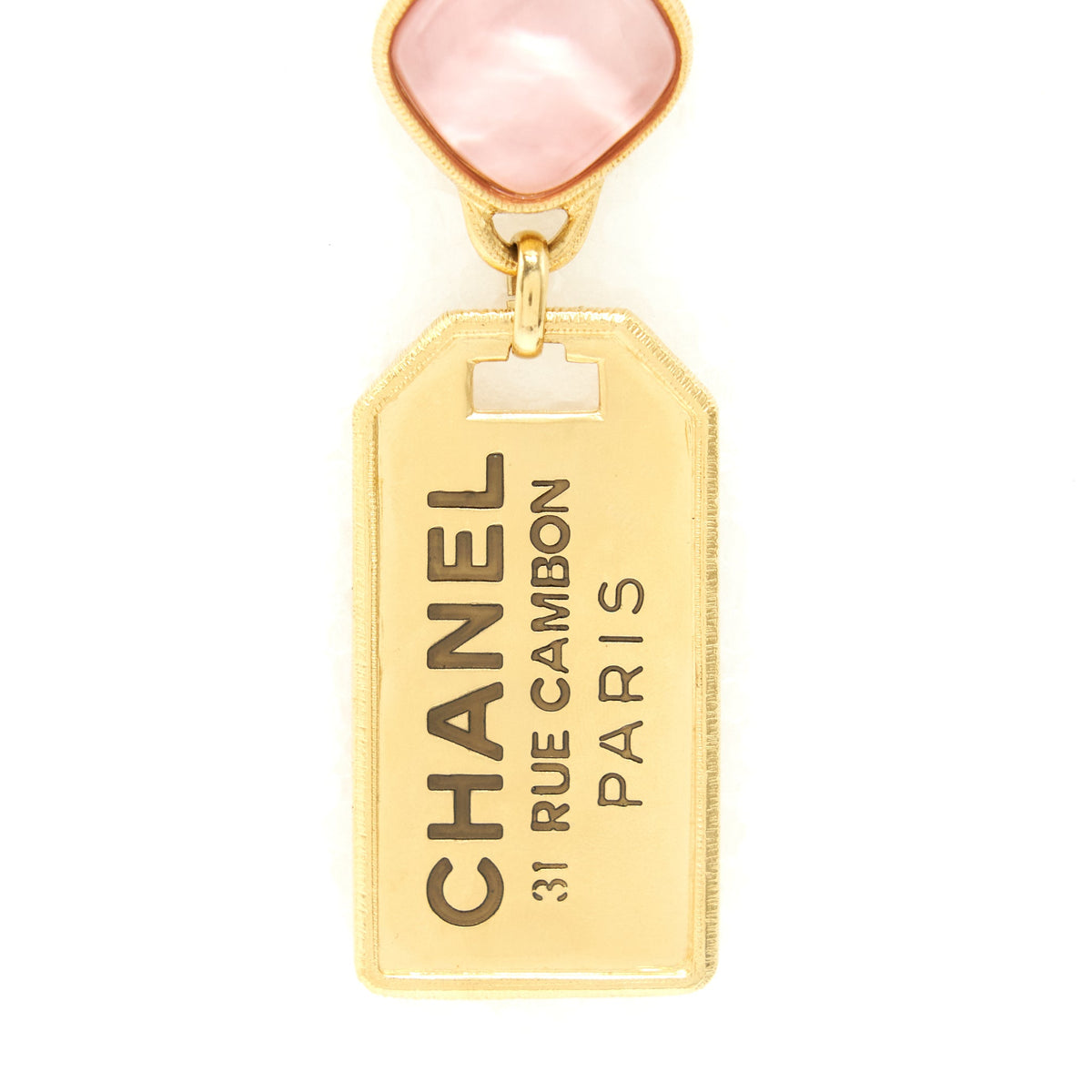 Chanel New Rue Cambon Gold With Pink Stone Drop Earrings