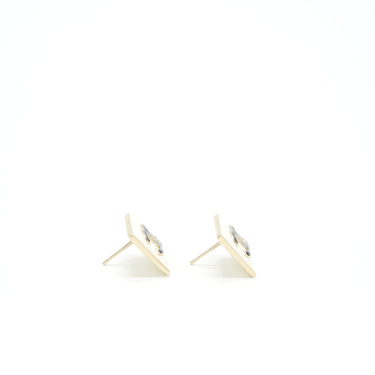 Chanel Square Enamel CC Logo Earrings Black/White Light Gold Tone