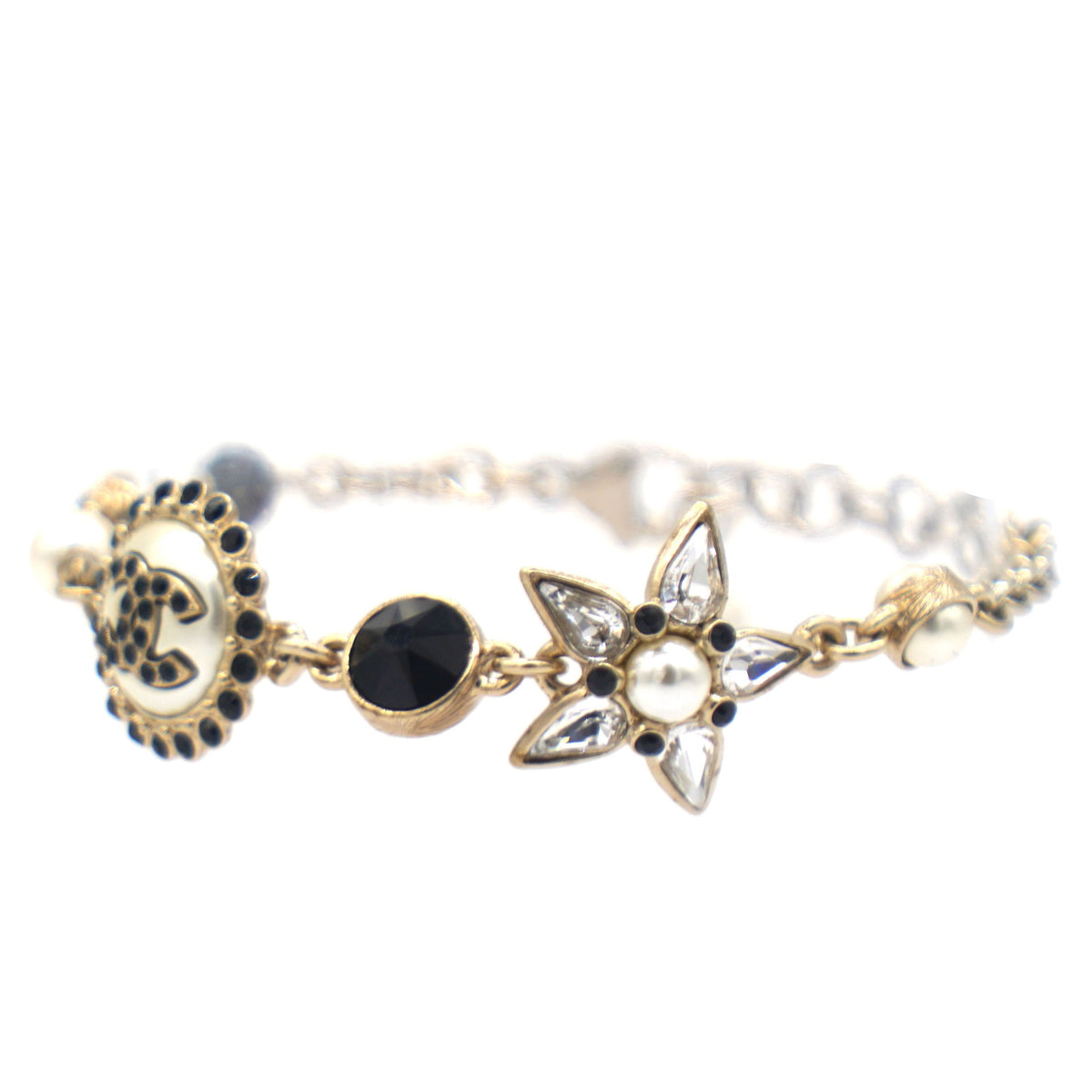 Chanel Gold Pearl & Crystal CC Flower Charm Bracelet