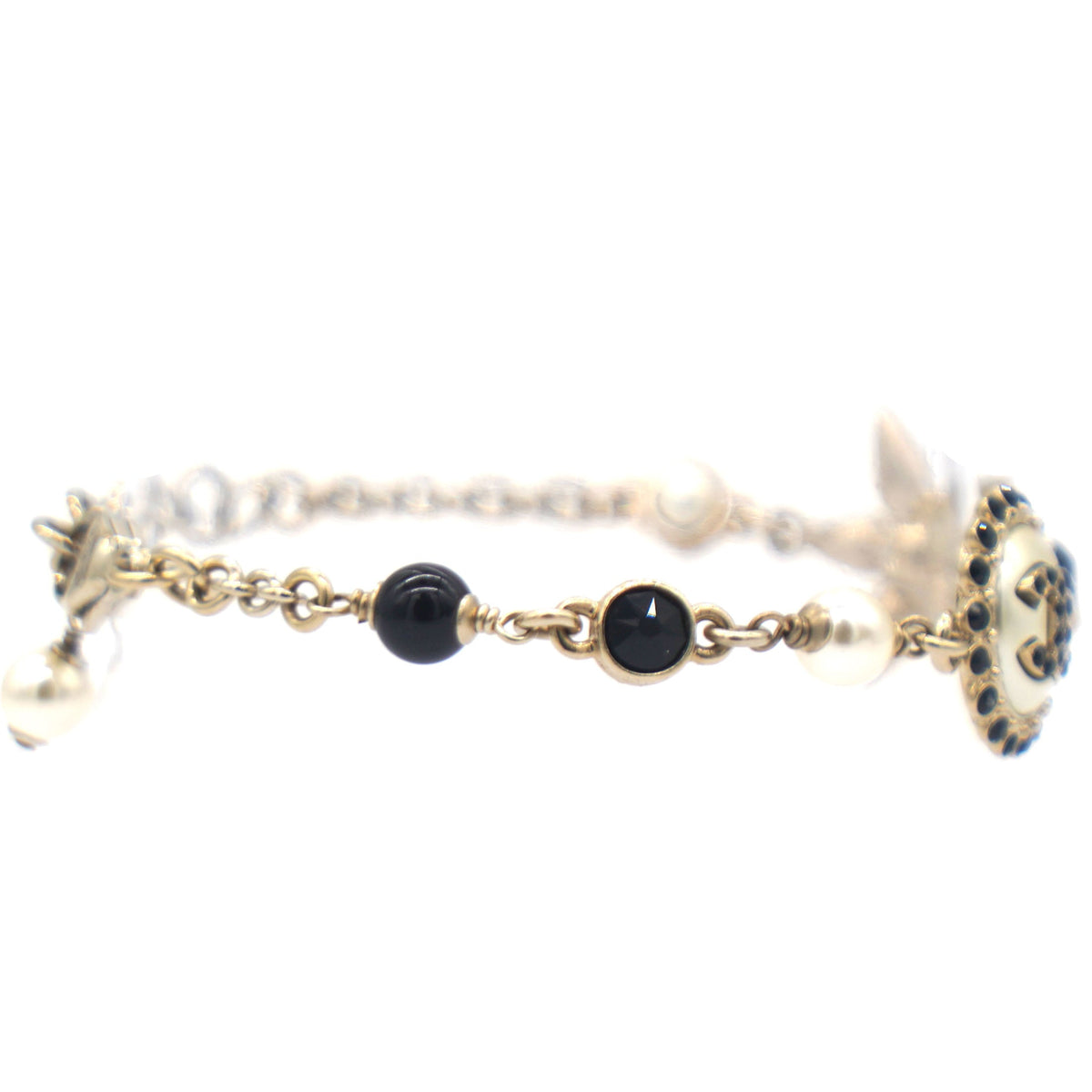 Chanel Gold Pearl & Crystal CC Flower Charm Bracelet