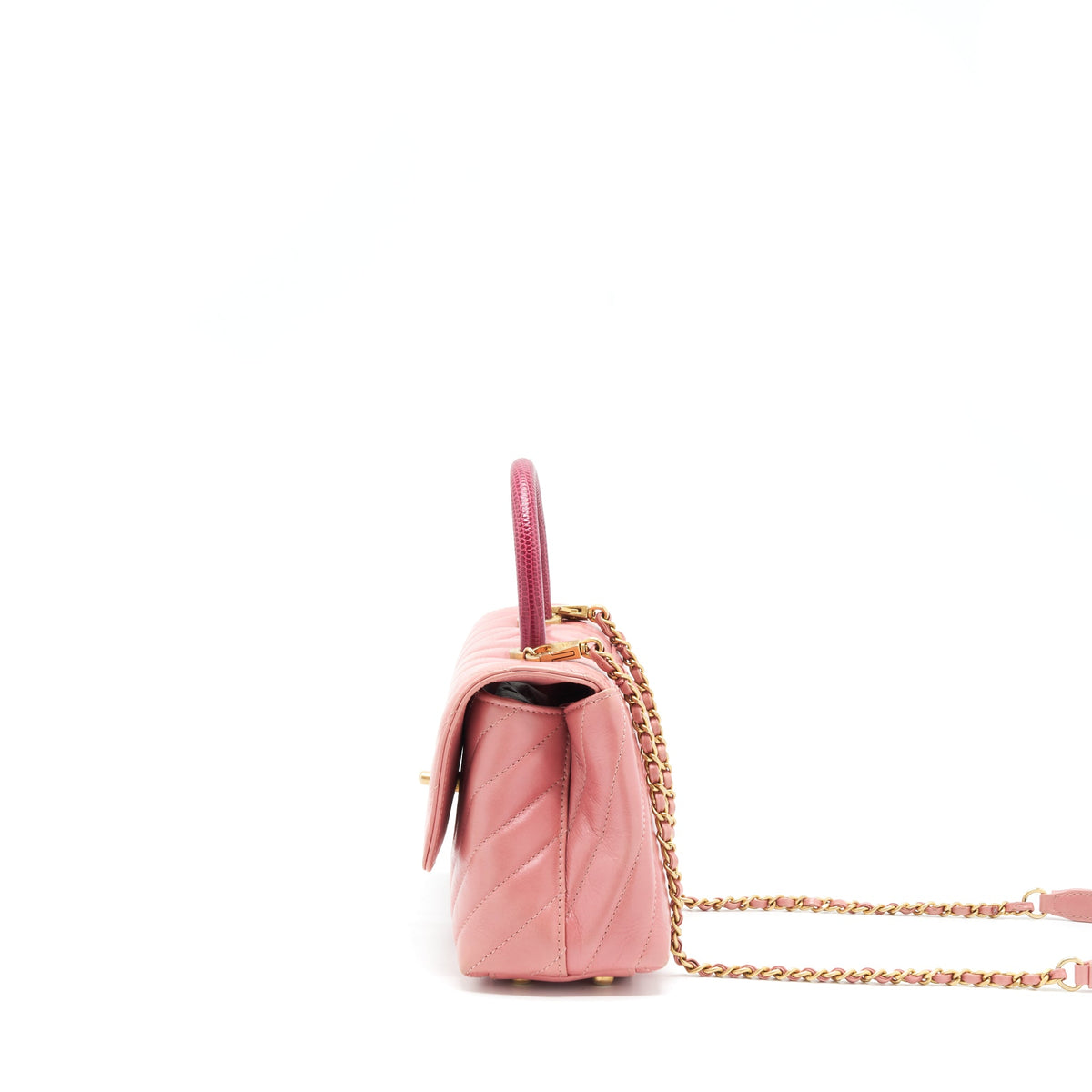 Chanel Small Coco Handle Chevron Calfskin With Lizard Handle Pink GHW