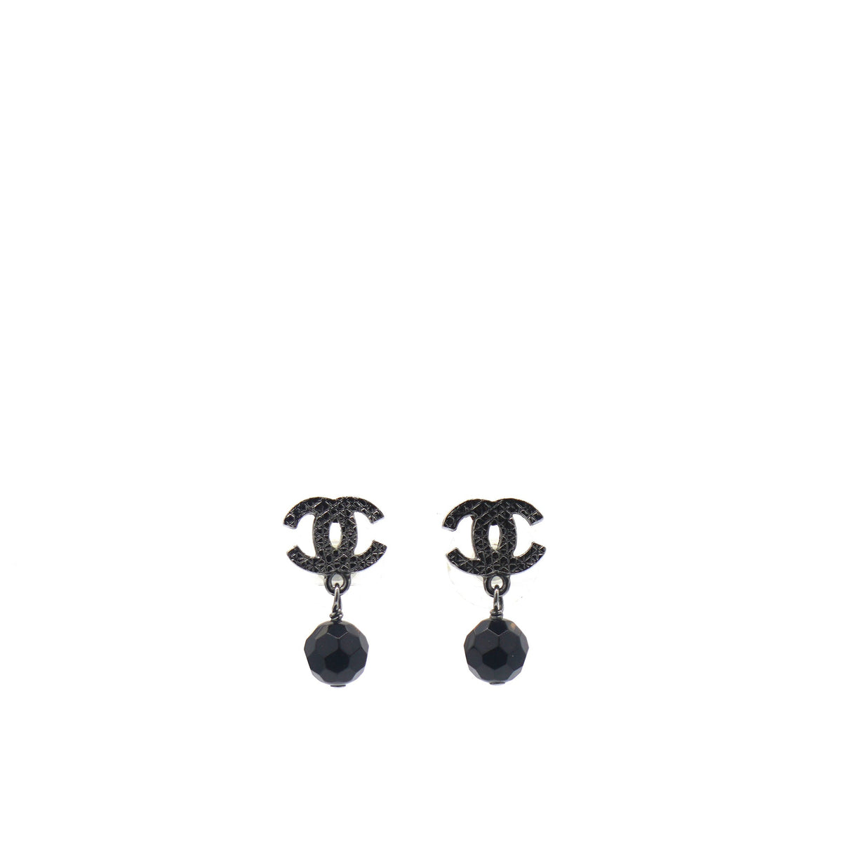 Chanel Ruthenium Bead CC Drop Earrings Black
