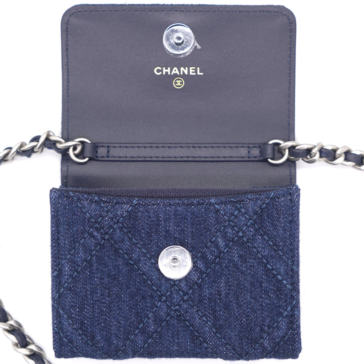 Chanel Quilted Blue Denim 19 Card Holder with Chain