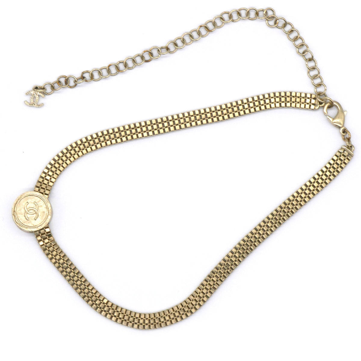 Chanel Metal Chain Link CC Medallion Choker Necklace Gold