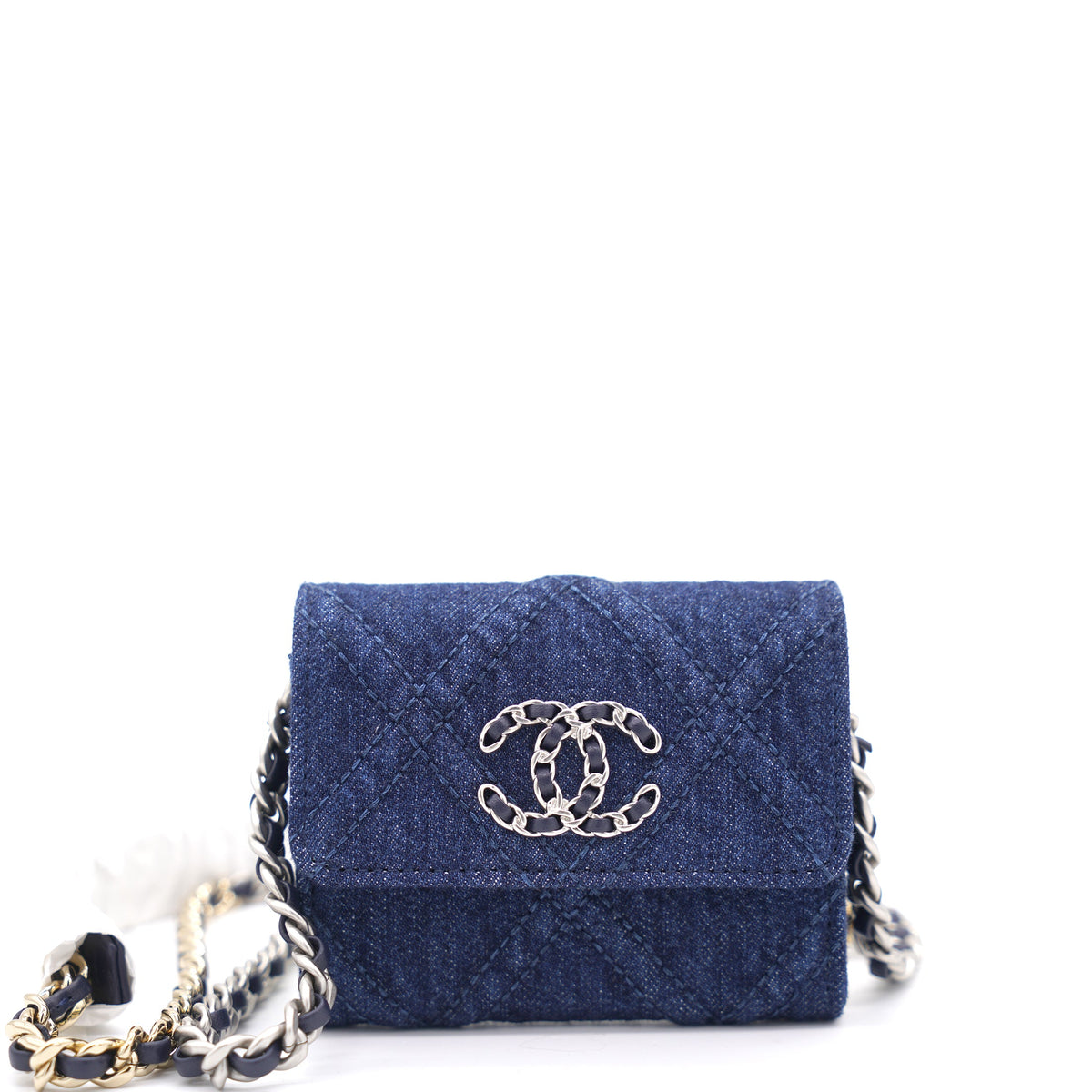 Chanel Quilted Blue Denim 19 Card Holder with Chain