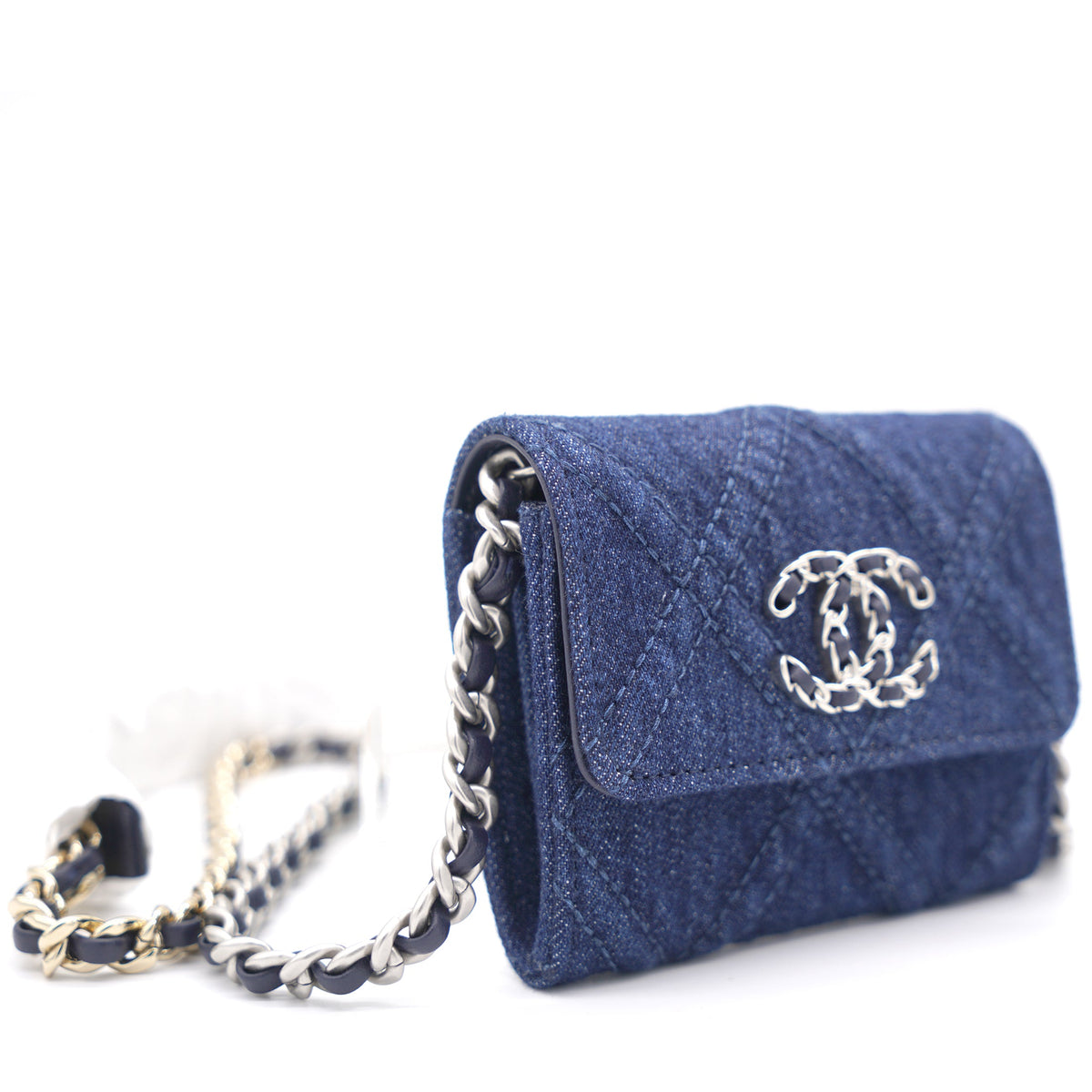 Chanel Quilted Blue Denim 19 Card Holder with Chain