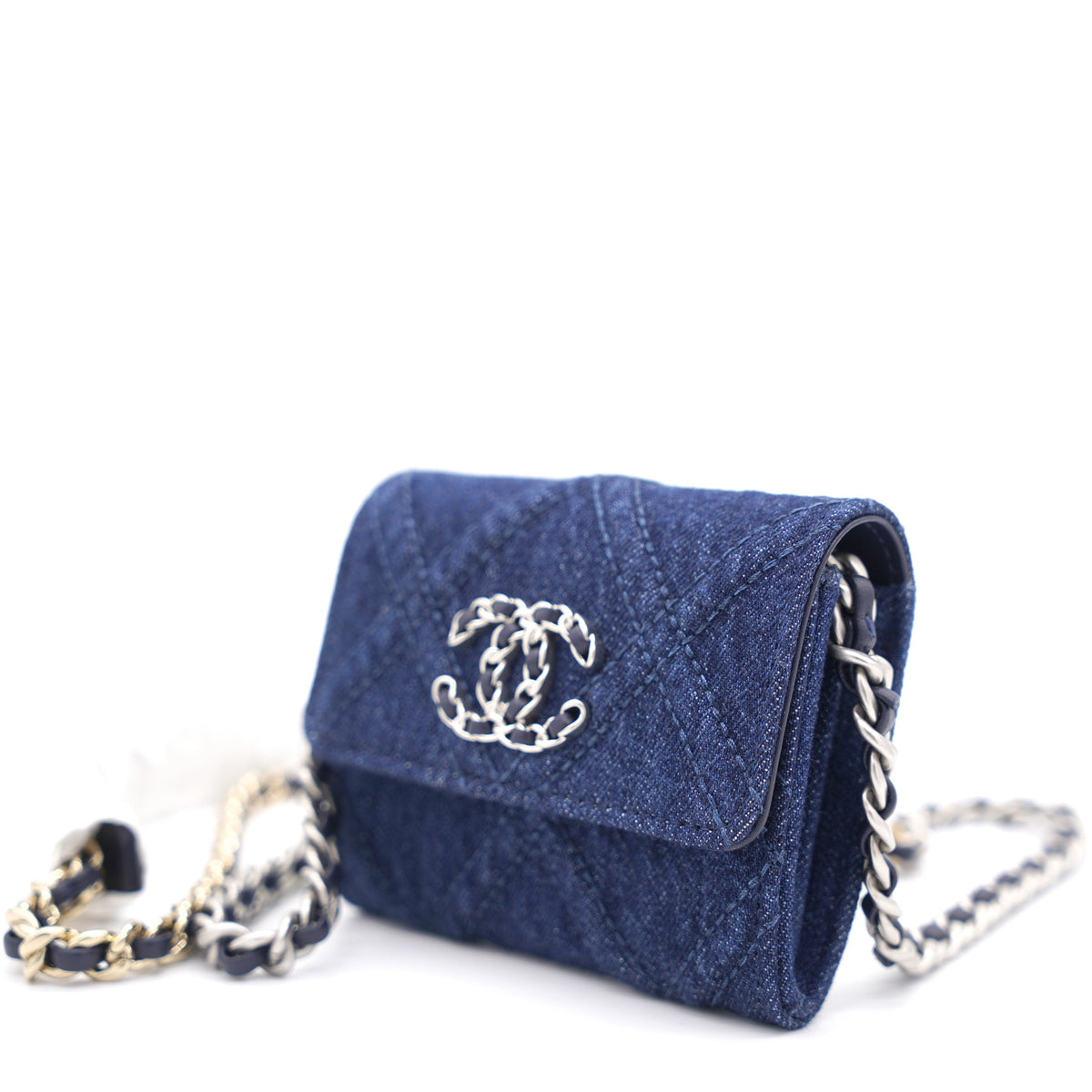 Chanel Quilted Blue Denim 19 Card Holder with Chain