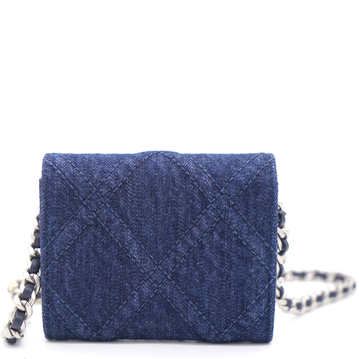 Chanel Quilted Blue Denim 19 Card Holder with Chain