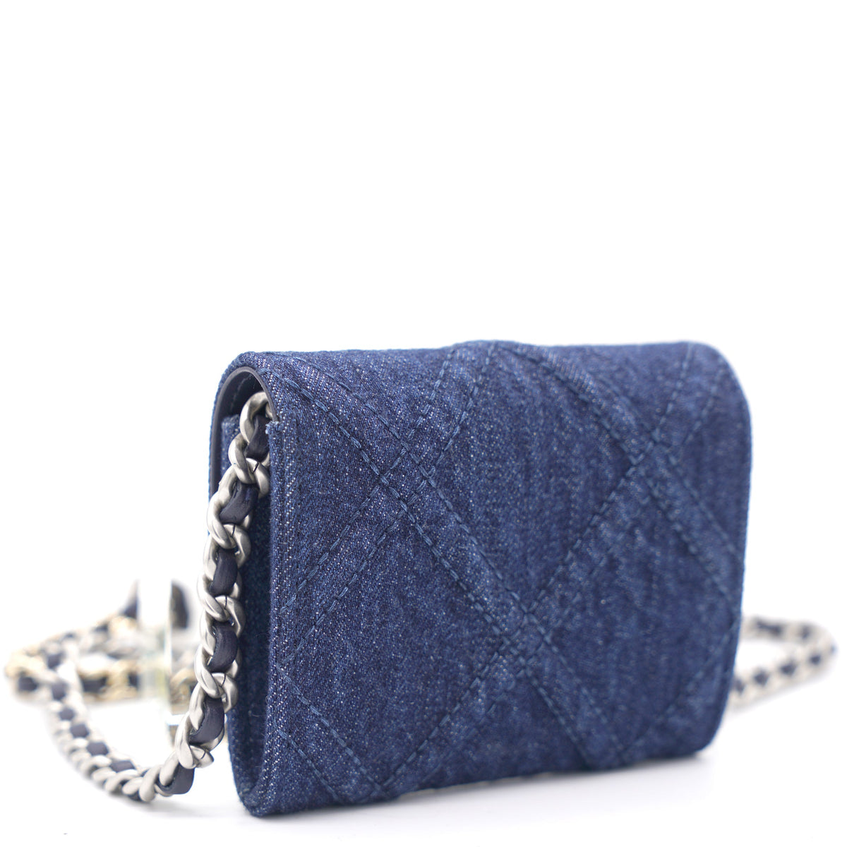 Chanel Quilted Blue Denim 19 Card Holder with Chain