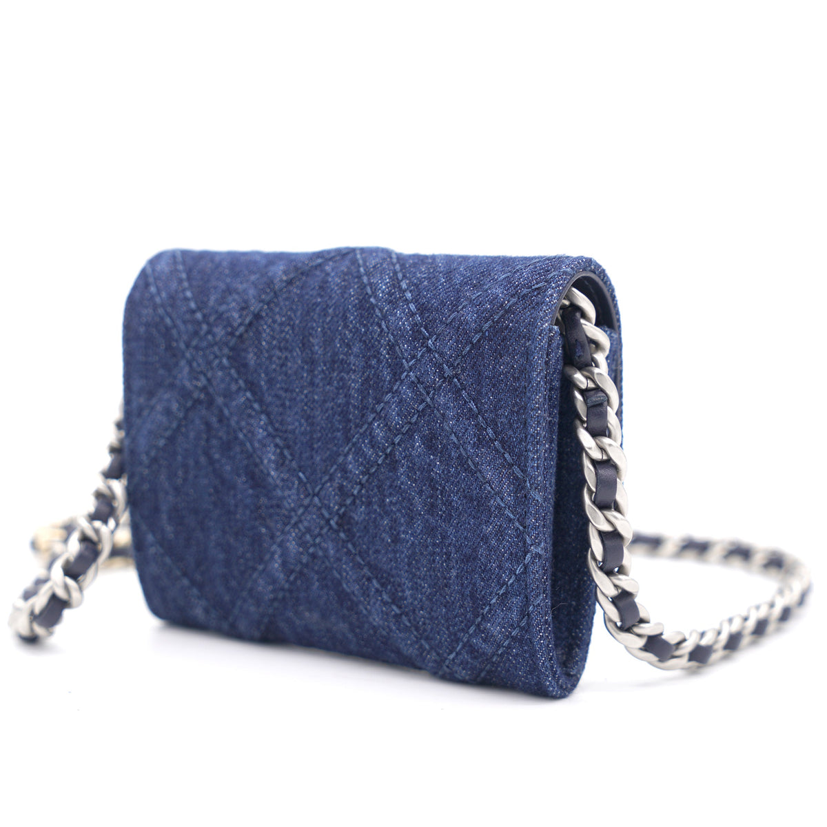 Chanel Quilted Blue Denim 19 Card Holder with Chain