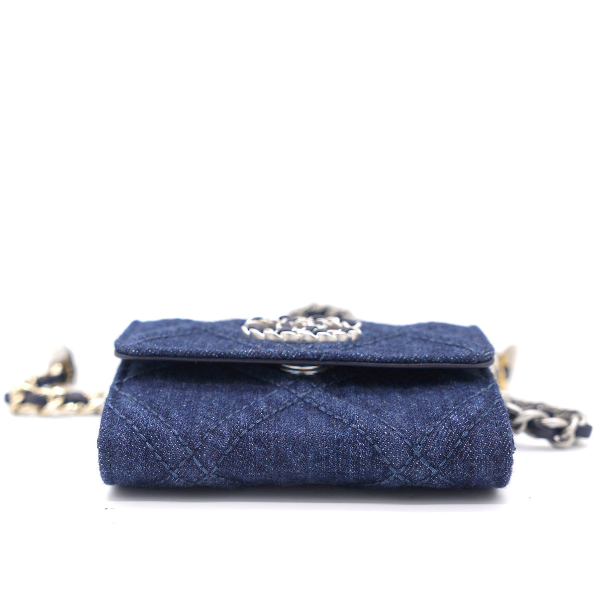 Chanel Quilted Blue Denim 19 Card Holder with Chain