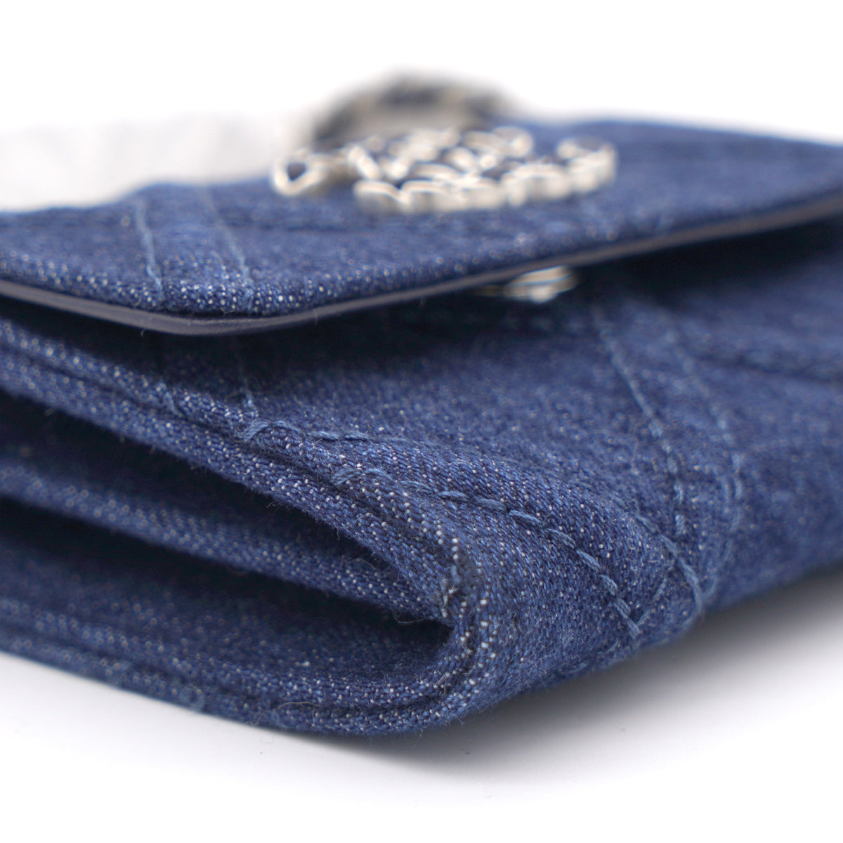 Chanel Quilted Blue Denim 19 Card Holder with Chain