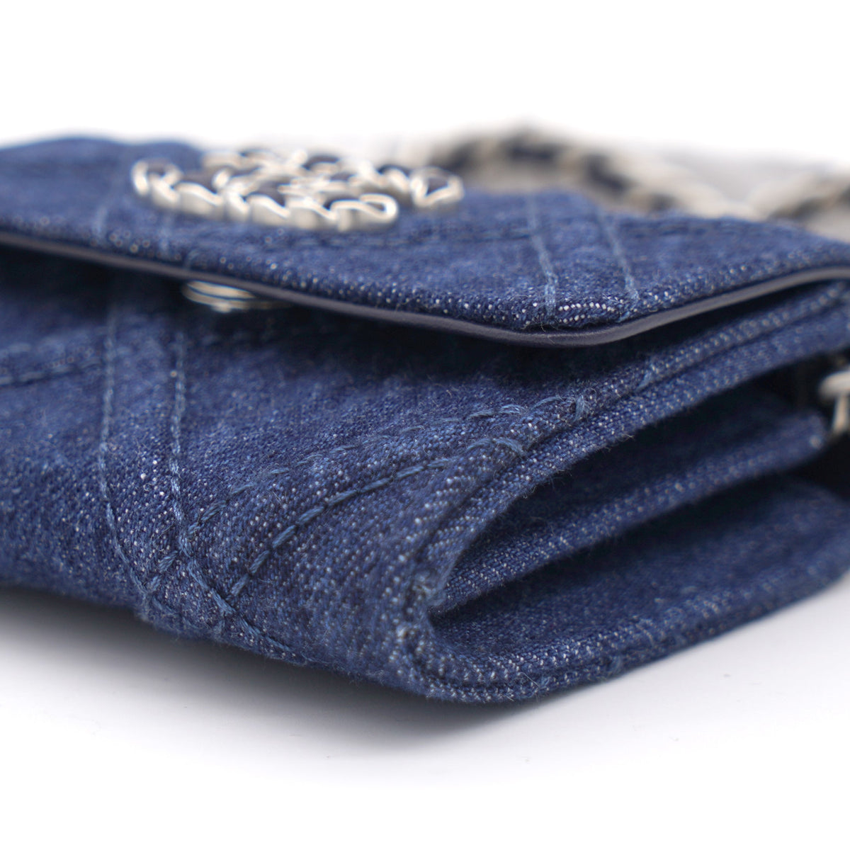 Chanel Quilted Blue Denim 19 Card Holder with Chain