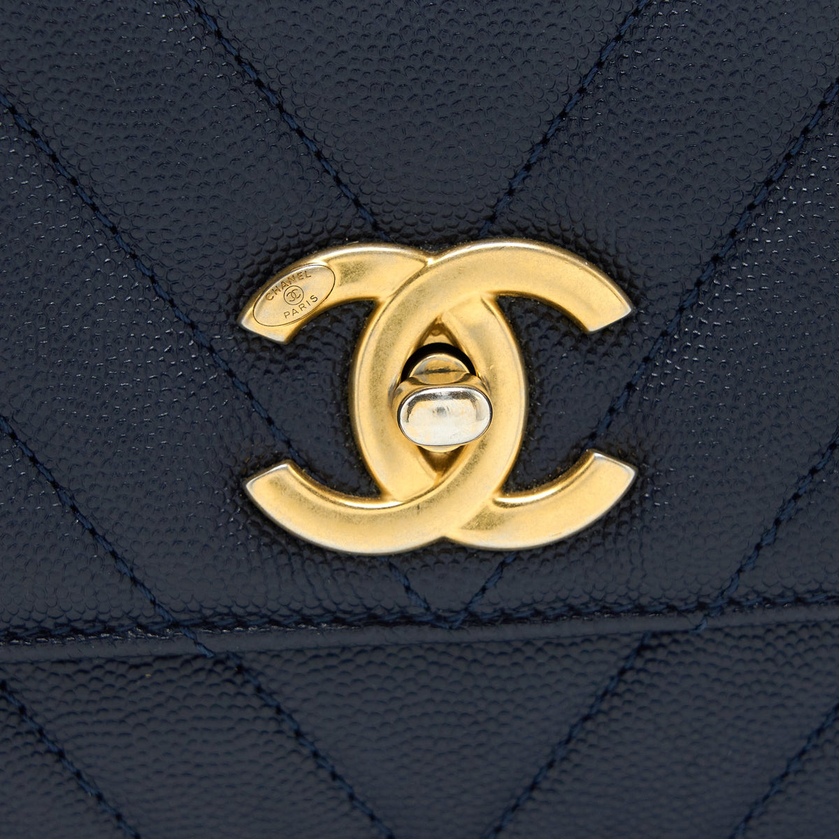 Chanel Medium Chevron Coco Handle Bag Caviar with Lizard Handle Navy Brushed GHW