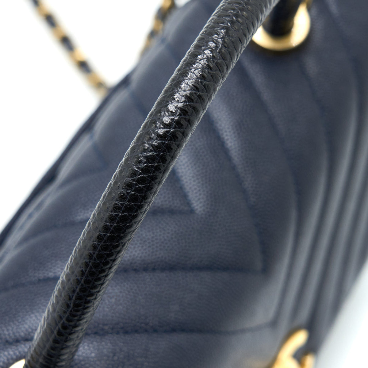 Chanel Medium Chevron Coco Handle Bag Caviar with Lizard Handle Navy Brushed GHW