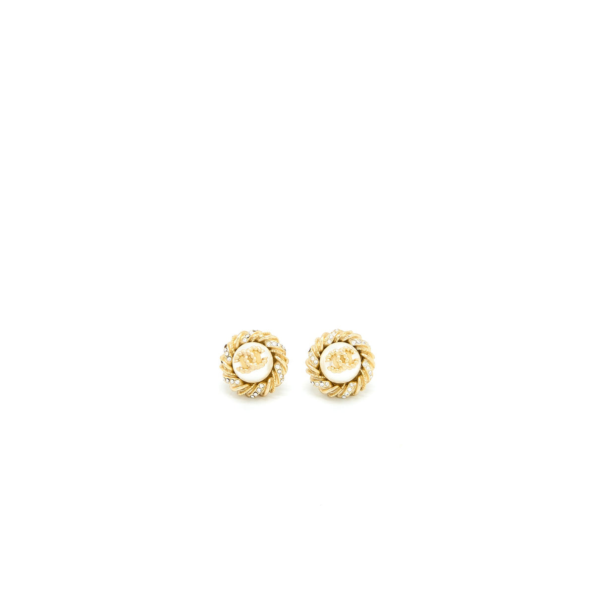 Chanel Round CC Logo Earrings Pearl/Crystal Light Gold Tone