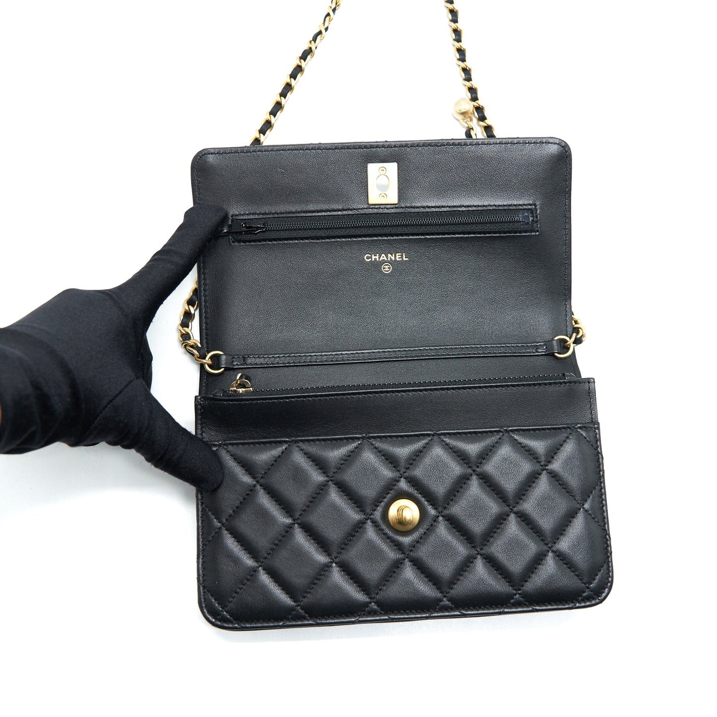 Chanel pearl crush wallet on chain Lambskin black GHW