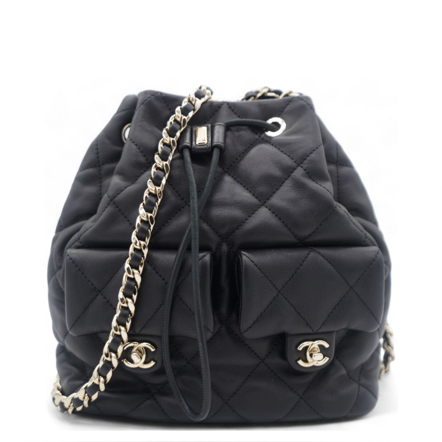 Chanel Lambskin Quilted Drawstring Backpack Black