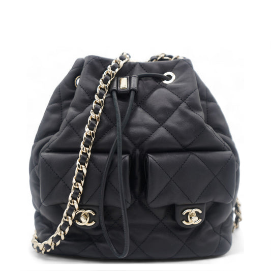 Chanel Lambskin Quilted Drawstring Backpack Black