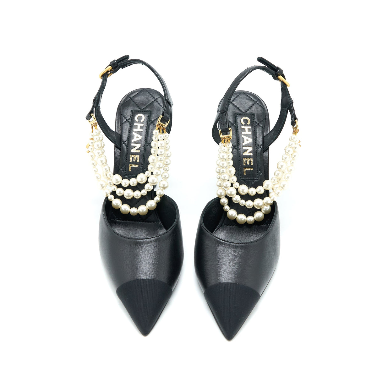 Chanel Size 39 Heel with Pearl Leather/Fabric Black GHW