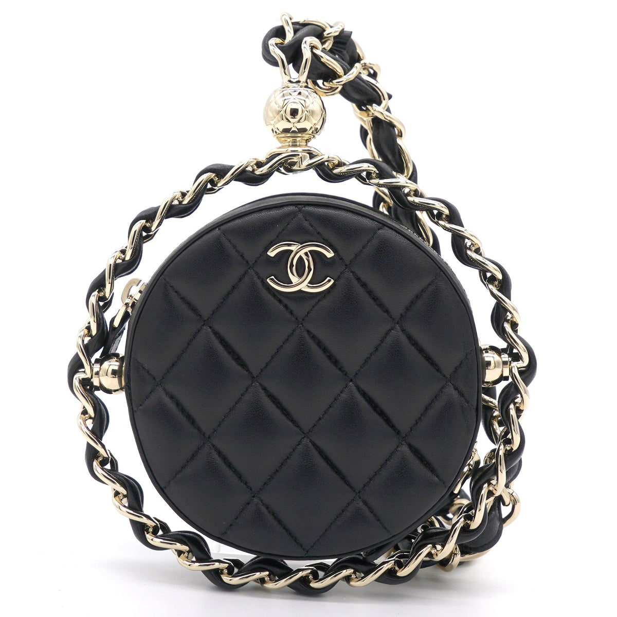 Chanel Lambskin Quilted Round Mini Chain Bag Black