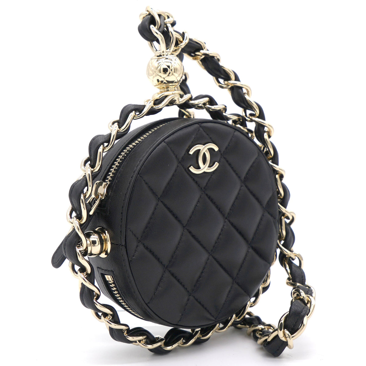 Chanel Lambskin Quilted Round Mini Chain Bag Black