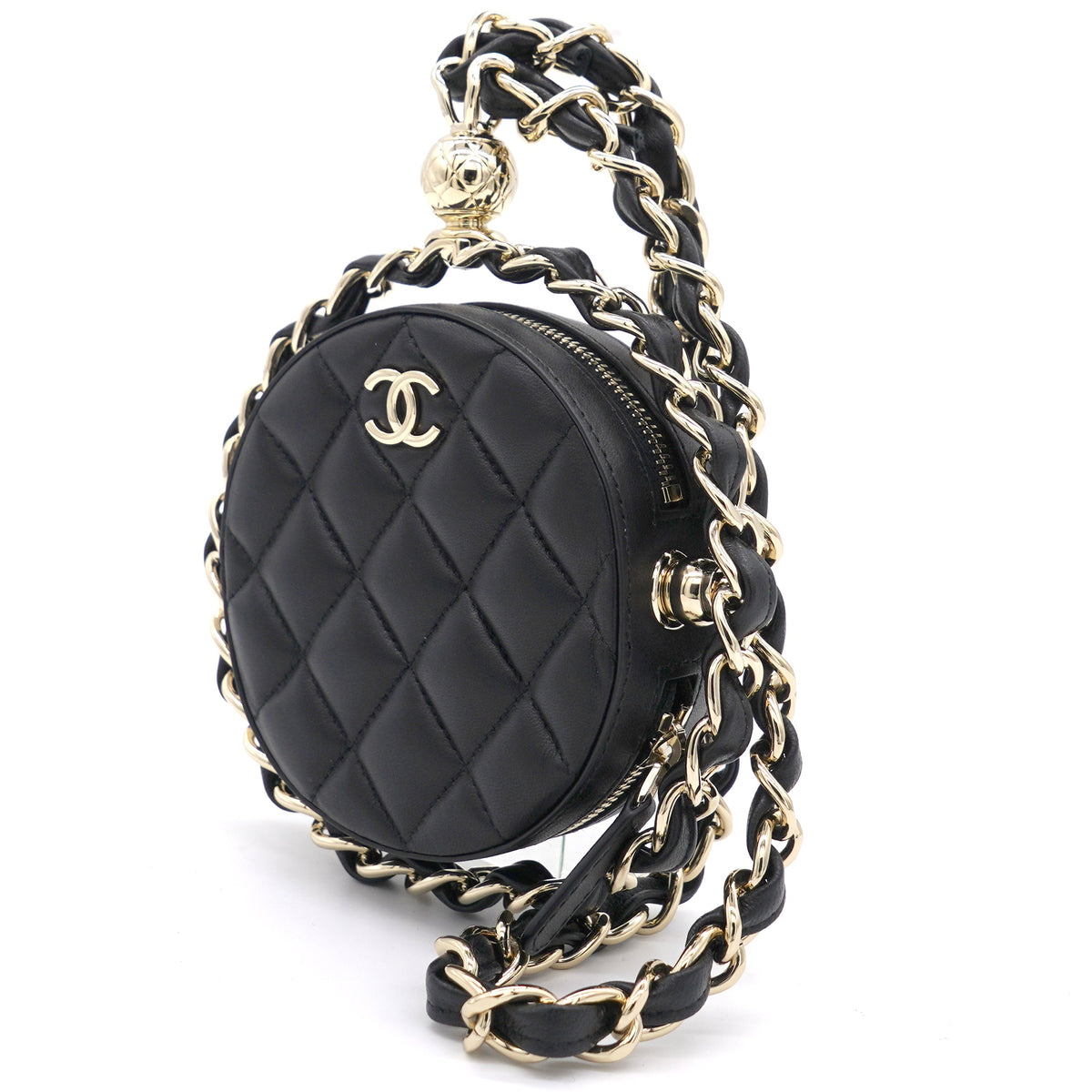 Chanel Lambskin Quilted Round Mini Chain Bag Black