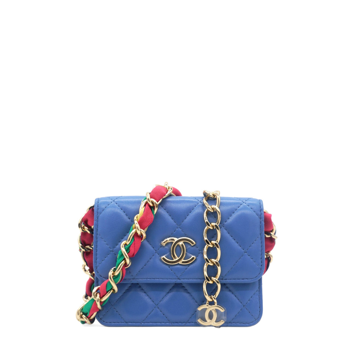 Chanel Lambskin Quilted Flap Card Holder On Chain Blue