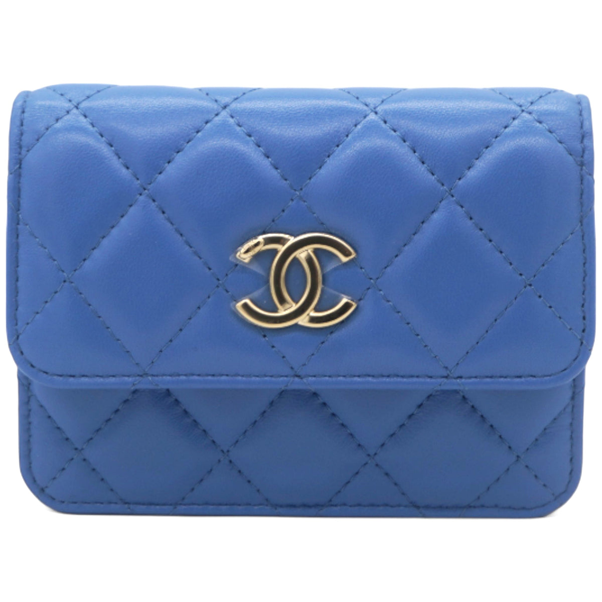 Chanel Lambskin Quilted Flap Card Holder On Chain Blue