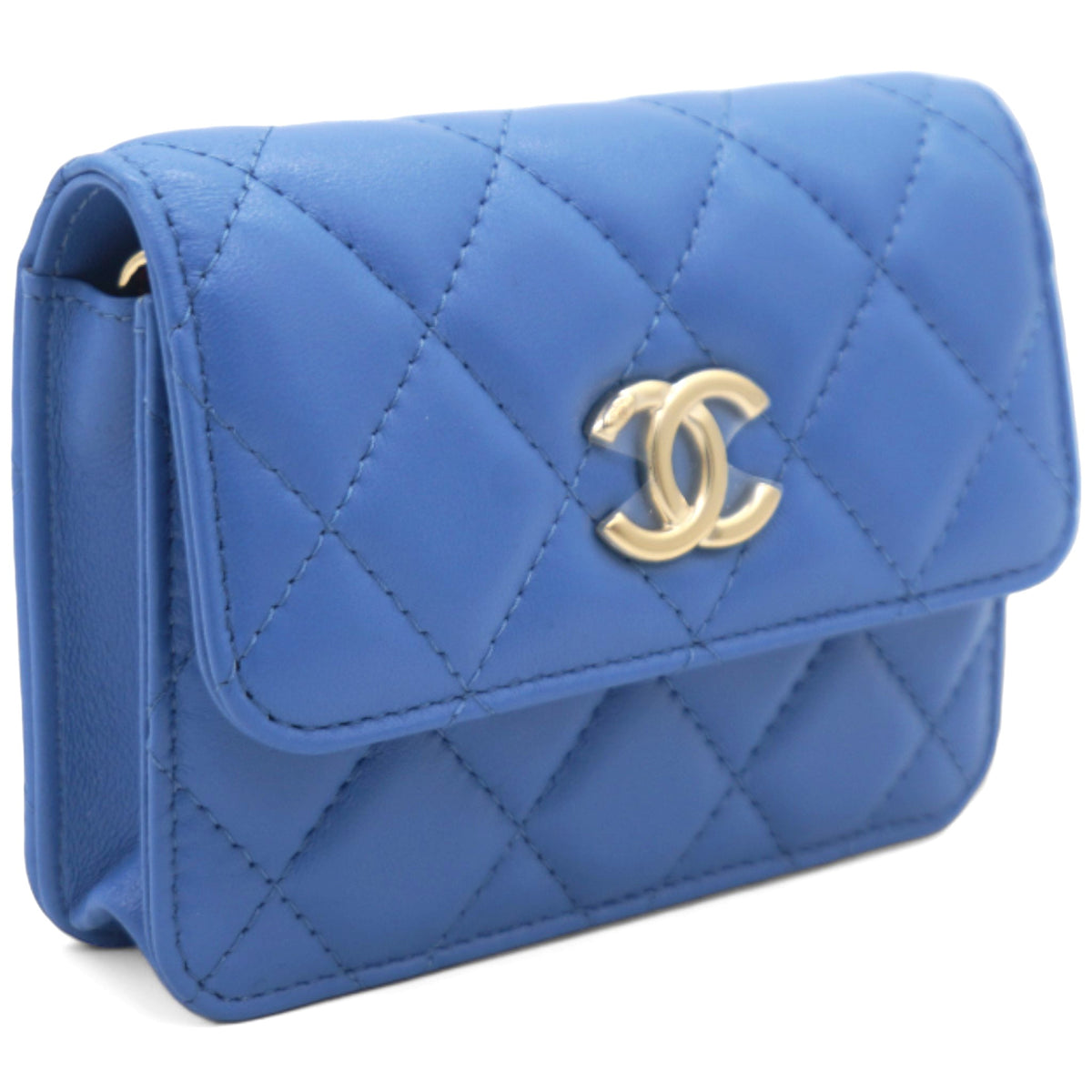 Chanel Lambskin Quilted Flap Card Holder On Chain Blue