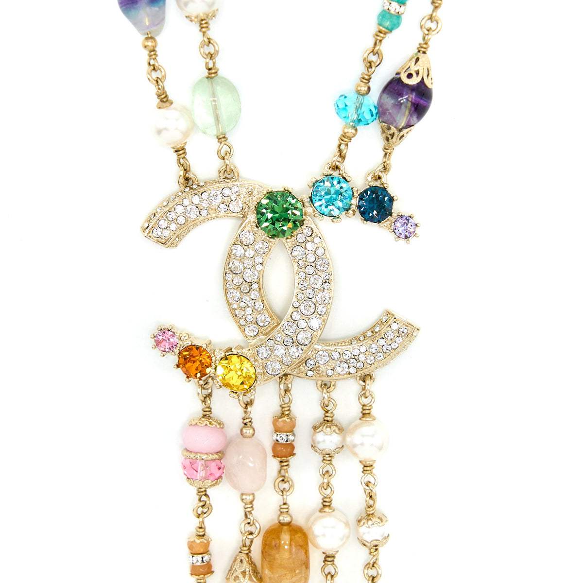Chanel Pearl / Crystal With Large CC Logo Drop Necklace Light Gold Tone