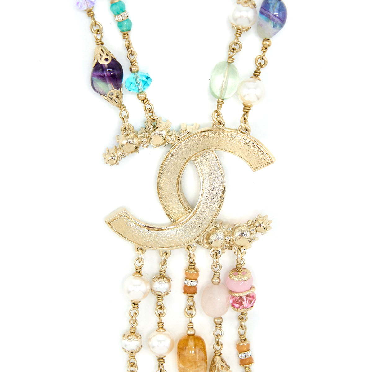 Chanel Pearl / Crystal With Large CC Logo Drop Necklace Light Gold Tone