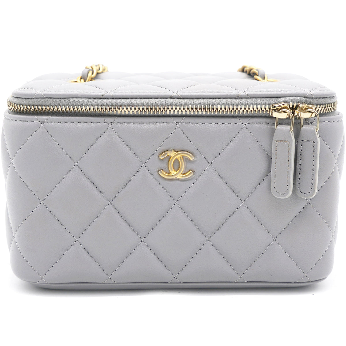 Chanel Lambskin Quilted Pearl Crush Small Vanity Case with Chain Grey