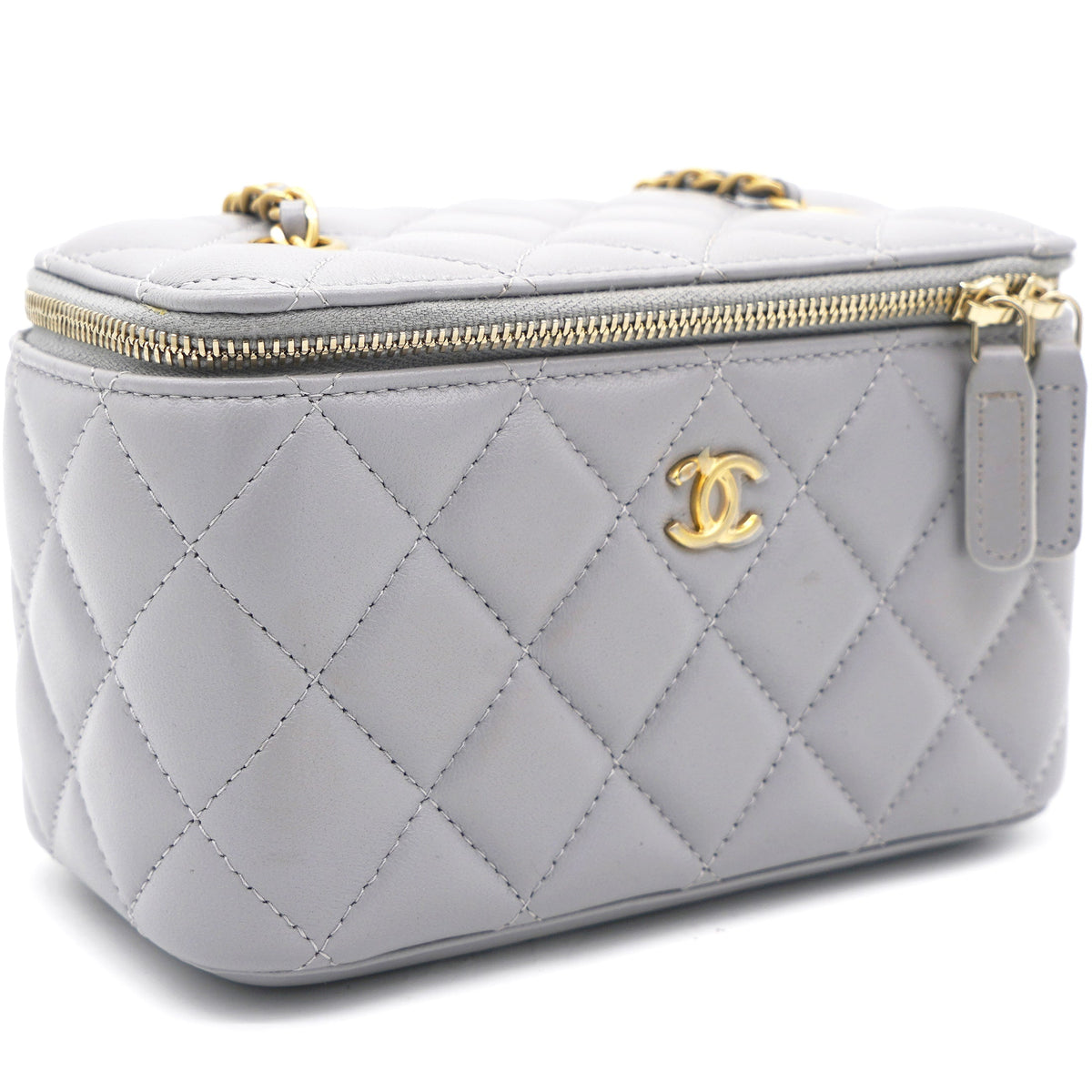 Chanel Lambskin Quilted Pearl Crush Small Vanity Case with Chain Grey