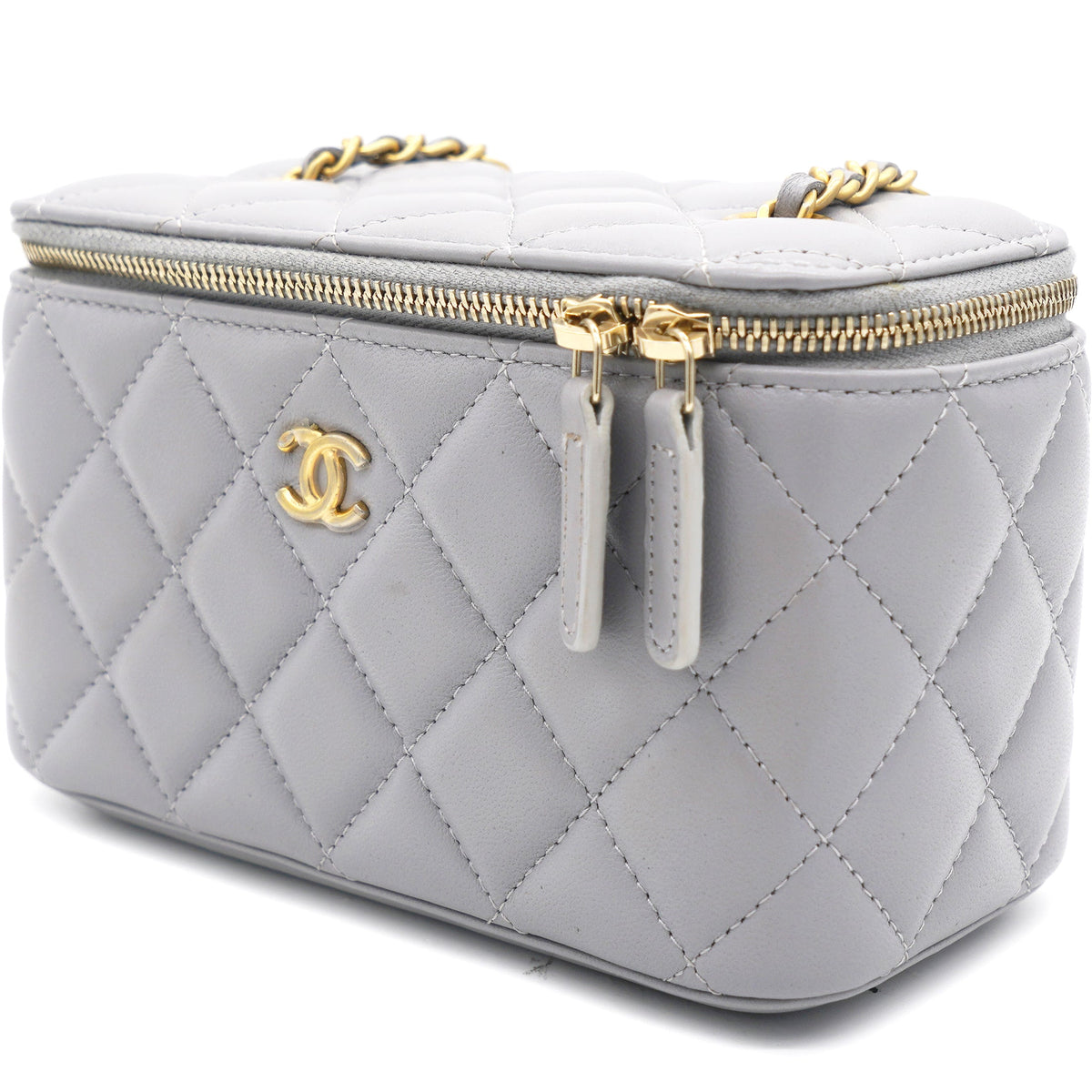 Chanel Lambskin Quilted Pearl Crush Small Vanity Case with Chain Grey