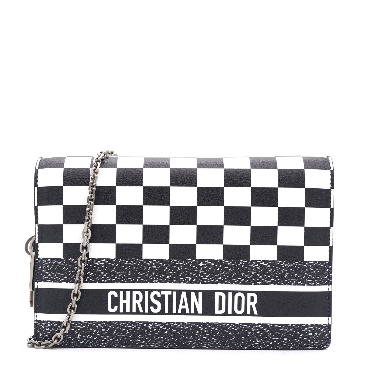 Dior Calfskin Checkered Print Wallet On Chain WOC White Black