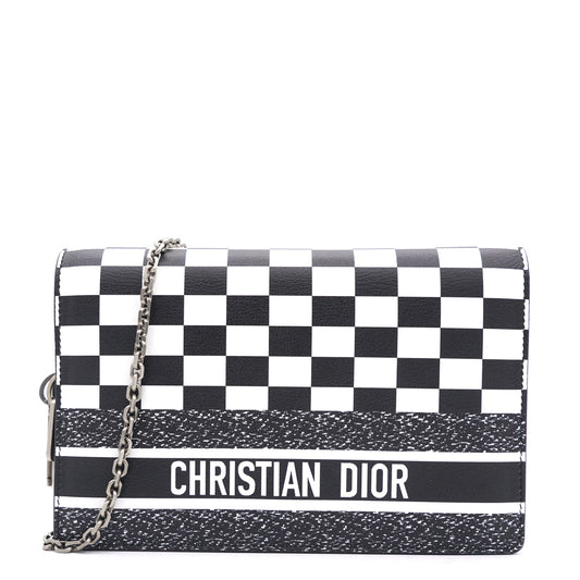 Dior Calfskin Checkered Print Wallet On Chain WOC White Black