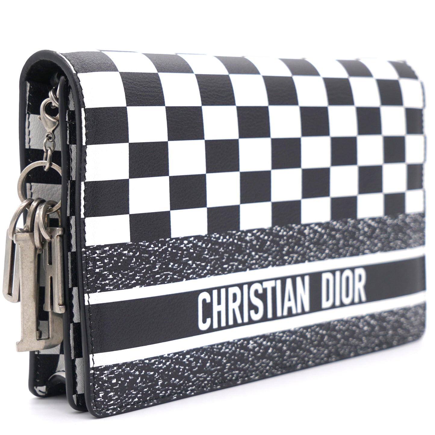 Dior Calfskin Checkered Print Wallet On Chain WOC White Black
