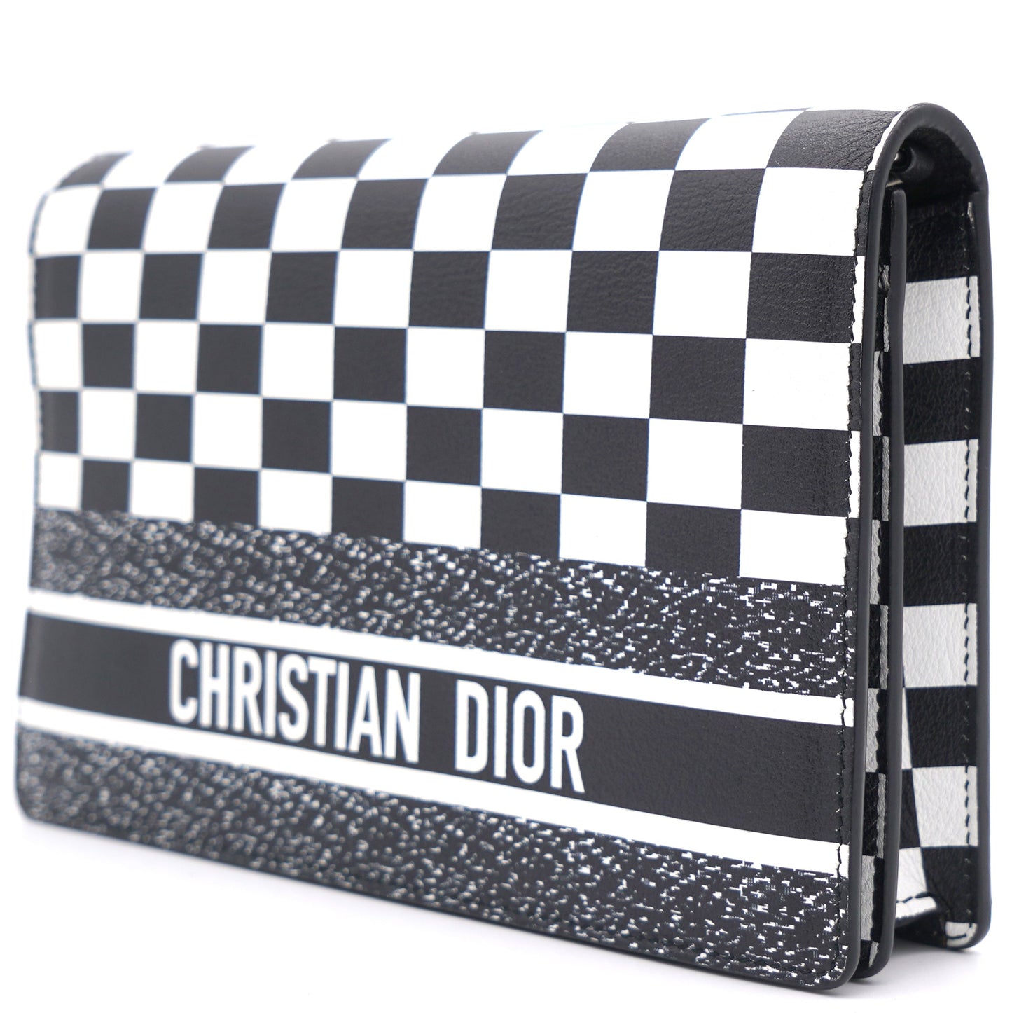 Dior Calfskin Checkered Print Wallet On Chain WOC White Black