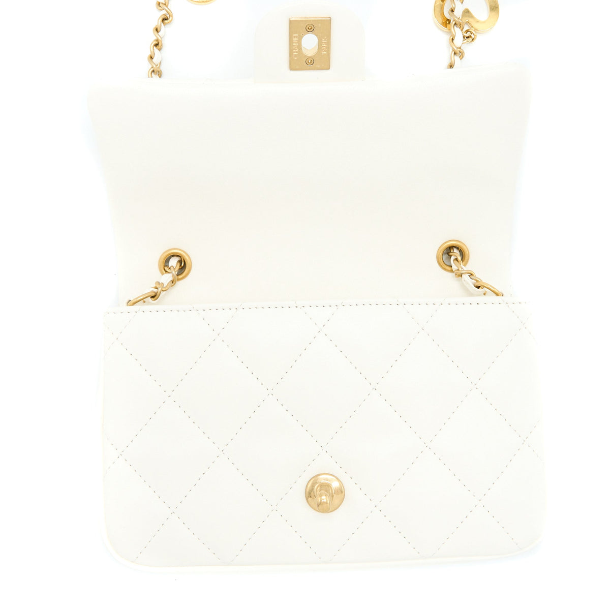 Chanel Quilted Flap Bag With Heart Charm Chain Lambskin White GHW(Microchip)