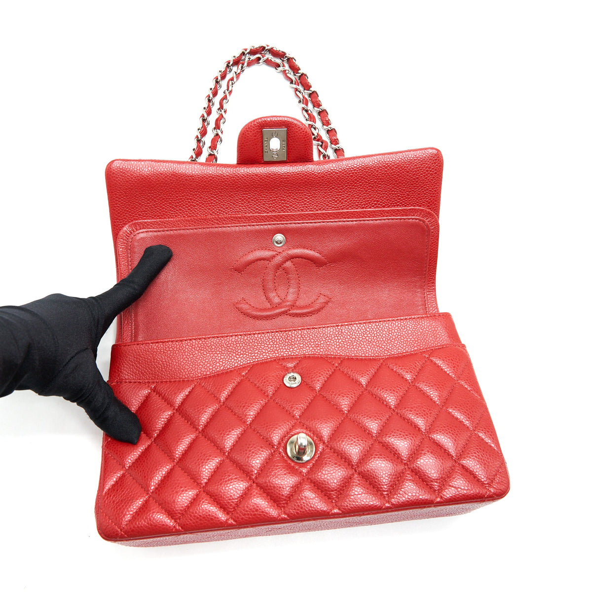 Chanel Medium Classic Double Flap Caviar Red SHW