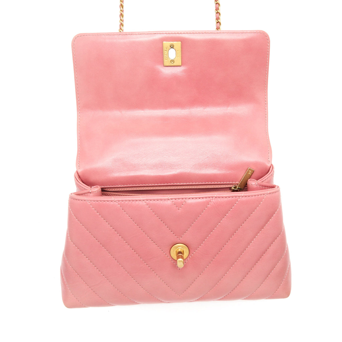 Chanel Small Coco Handle Chevron Calfskin With Lizard Handle Pink GHW