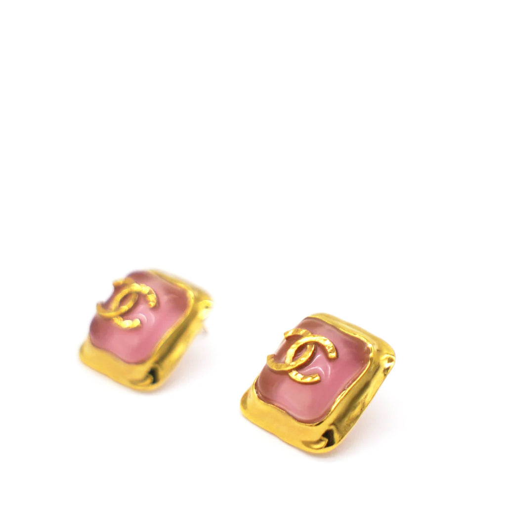 Chanel Pink Square Gold CC Logo Earrings