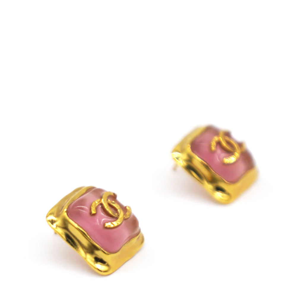 Chanel Pink Square Gold CC Logo Earrings