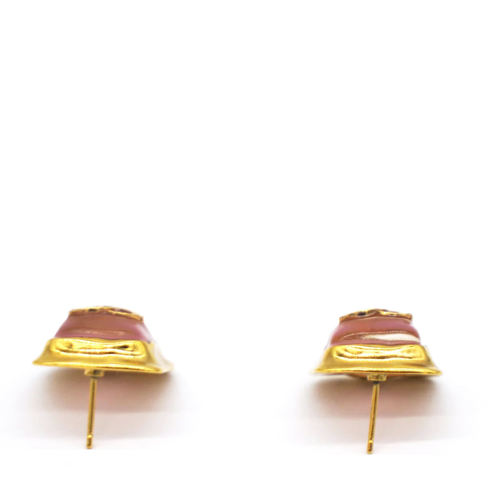 Chanel Pink Square Gold CC Logo Earrings