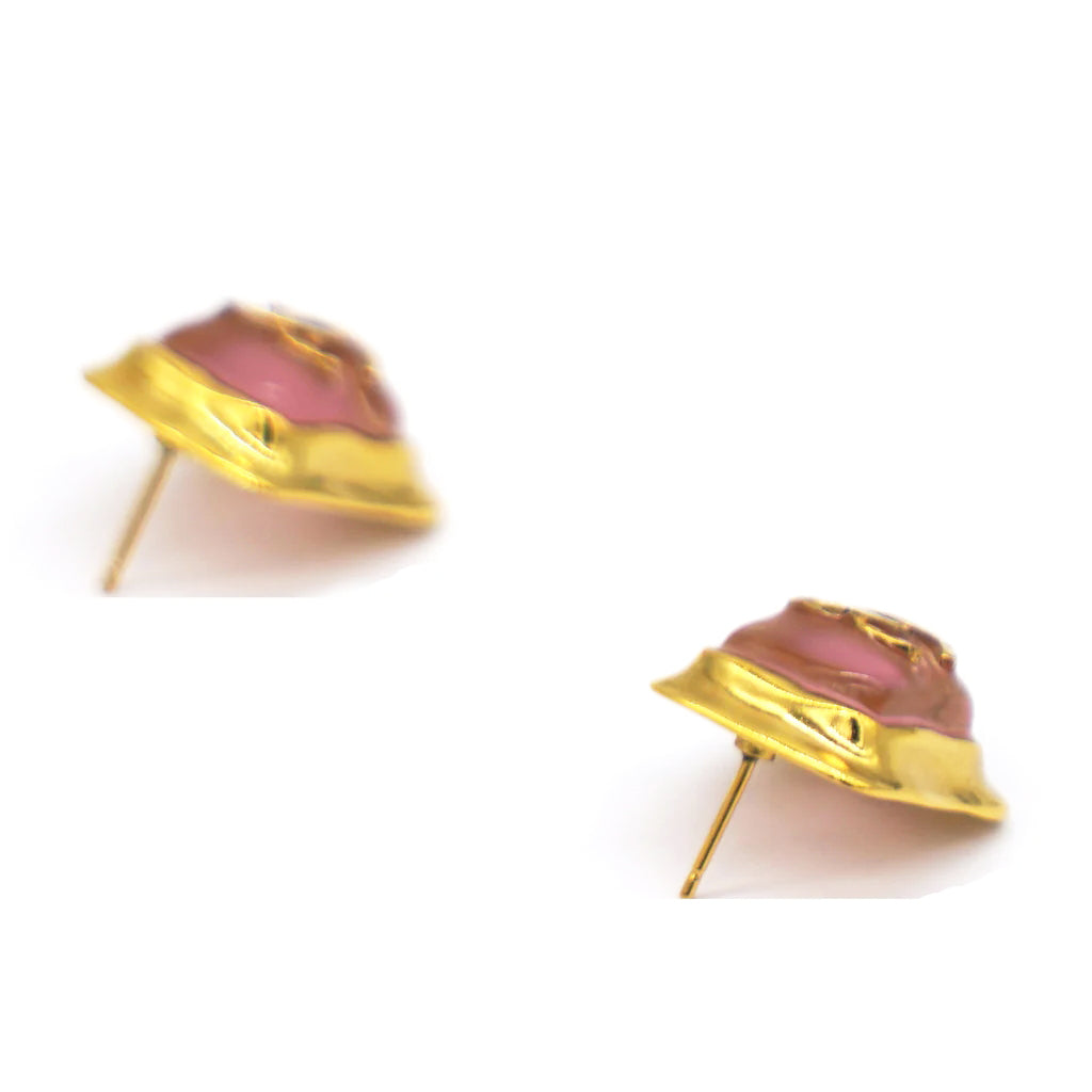 Chanel Pink Square Gold CC Logo Earrings