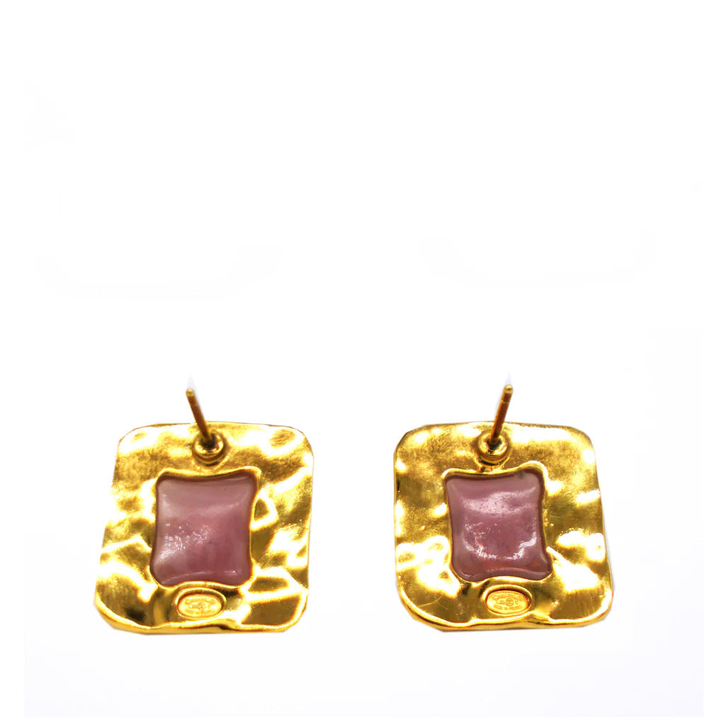 Chanel Pink Square Gold CC Logo Earrings