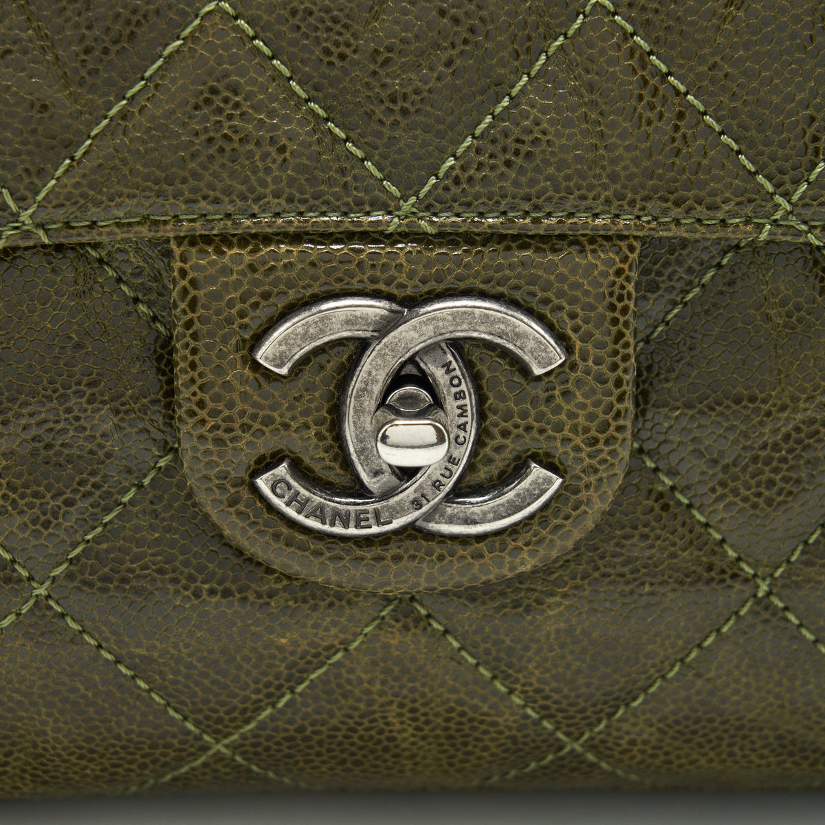 Chanel Quilted Grained Calfskin Flap Bag Olive green ruthenium hardware