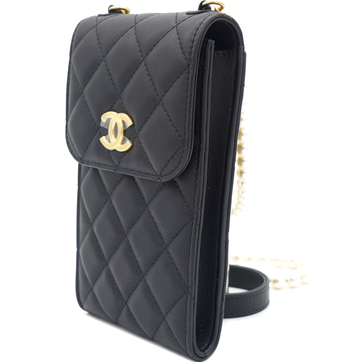Chanel Lambskin Quilted Vertical Pearl Strap Black